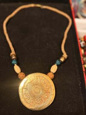 Vintage Aztec Sun Calendar Medallion Rope Necklace